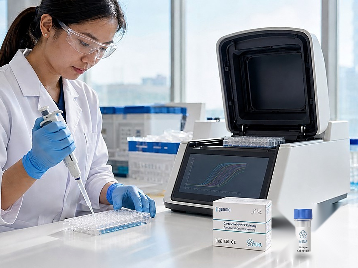 Laboratory bench setup for CarciScan PCR processing, showing the sample collection tube