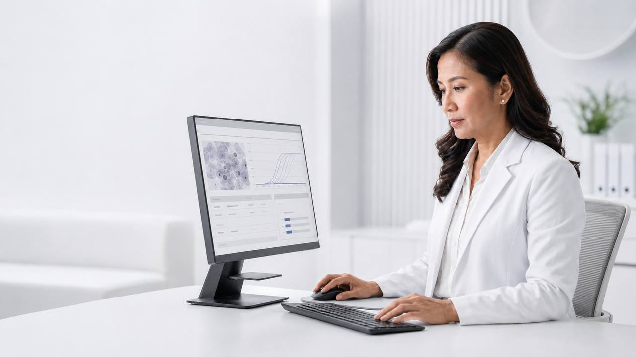 Physician reviewing HPV-DNA, cytology and clinical risk information at a medical workstation.